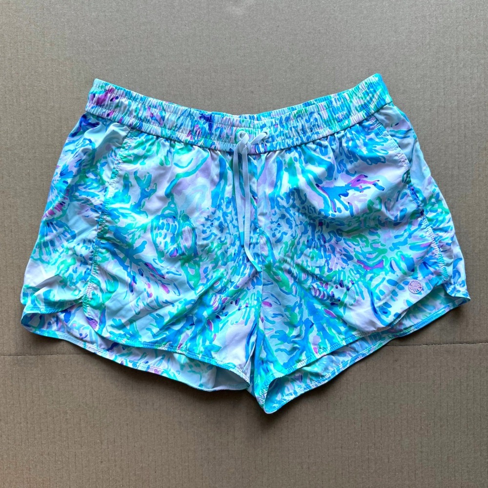 Lilly Pulitzer Blue Ocean Print Active Shorts Women XS Drawstring Mesh Lining